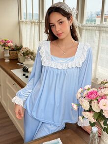Snug Reverie Royal Style Autumn/Winter Velvet Lace Trim Square Neck Long Sleeve Long Pants Pajama Set - Baby Blue - View 5
