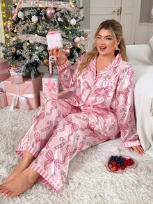 Slumberry CURVE Sweet Cute Christmas Bow Candy Cane Contrast Collar Pink Satin Plus Size Pajama Set - Pink - View 1