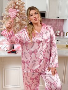 Slumberry CURVE Sweet Cute Christmas Bow Candy Cane Contrast Collar Pink Satin Plus Size Pajama Set - Pink - View 5