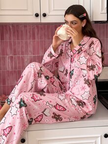 SweetSlumber Women's Christmas Gingerbread Man Collar Long Sleeve Pants Pajama Set - Multicolor - View 4