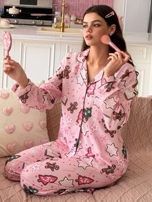 SweetSlumber Women's Christmas Gingerbread Man Collar Long Sleeve Pants Pajama Set - Multicolor - View 6