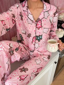 SweetSlumber Women's Christmas Gingerbread Man Collar Long Sleeve Pants Pajama Set - Multicolor - View 5