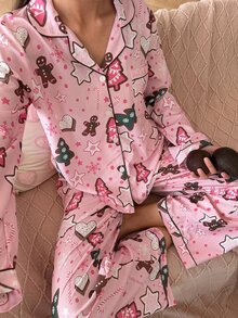 SweetSlumber Women's Christmas Gingerbread Man Collar Long Sleeve Pants Pajama Set - Multicolor - View 1