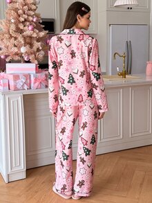 SweetSlumber Women's Christmas Gingerbread Man Collar Long Sleeve Pants Pajama Set - Multicolor - View 2
