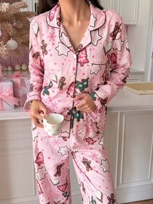 SweetSlumber Women's Christmas Gingerbread Man Collar Long Sleeve Pants Pajama Set - Multicolor - View 3