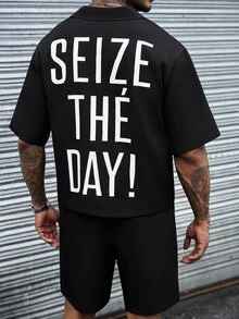 SLATEMANN Men's Letter Print Button-Up Short Sleeve Shirt And Drawstring Waist Shorts Set - Black - View 4