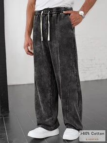 Manfinity Roughcore Men's Drawstring Waist Casual Versatile Daily Wear Sweatpants, Goth - Black - View 3