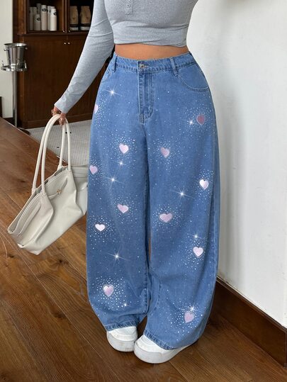Rivivi Jeans Kaki Lurus Fashion Street dengan Hiasan Batu Permata Bentuk Hati dan Efek Wash