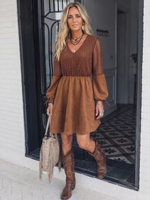 Breezaya Women's Solid Color Pleated Casual Party Short Dress - Brown - View 7