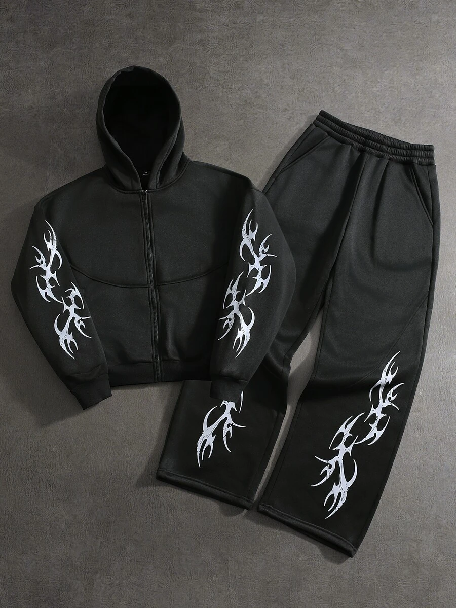 PAVTROS Men's Gothic Print Long Sleeve Hoodie & Sweatpants Set - Black - View 1