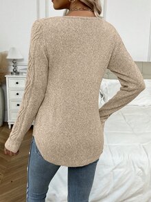 SHEIN LUNE Women's Casual Solid Color Curved Hem Sweater, Autumn/Winter Knit Pullover Fall - Apricot - View 2
