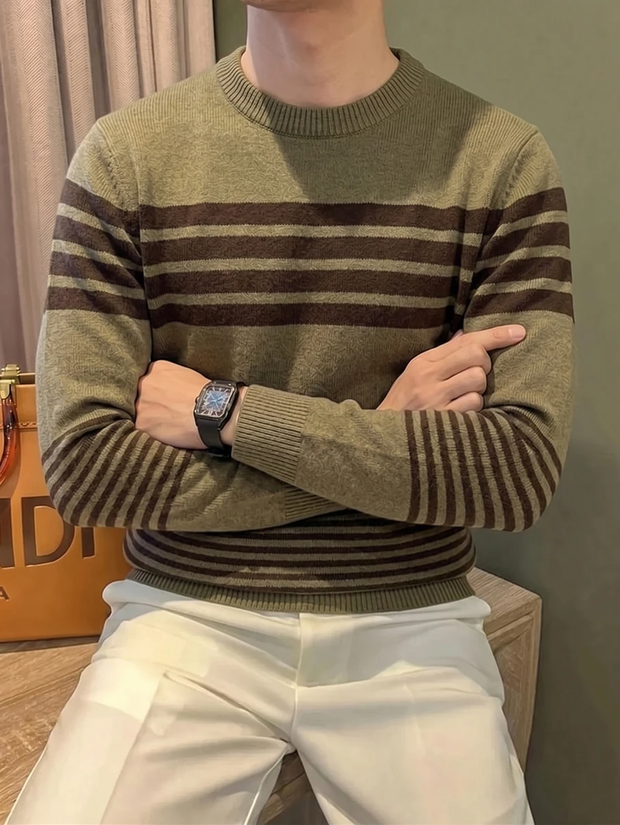 Manfinity CityGents 男士圓領懶人長袖套頭毛衣,休閒條紋針織秋冬服飾,秋冬棕色拼色時尚百搭耐穿橫條紋長袖套頭毛衣 - 彩色 - 查看 1