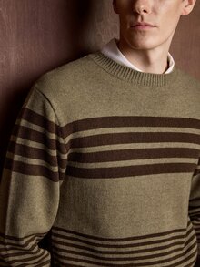 Manfinity CityGents 男士圓領懶人長袖套頭毛衣，休閒條紋針織秋冬服飾，秋冬棕色拼色時尚百搭耐穿橫條紋長袖套頭毛衣 - 彩色 - 查看 2
