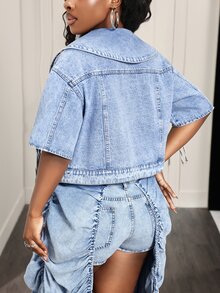 Slaydiva Women's Single-Breasted Casual Daily Denim Top - Blue - View 2
