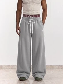 SWAVVY Men's Spring/Autumn/Summer Casual Loose Long Pants Standard Size Embroidered Black Snow Wash - Light Grey - View 2