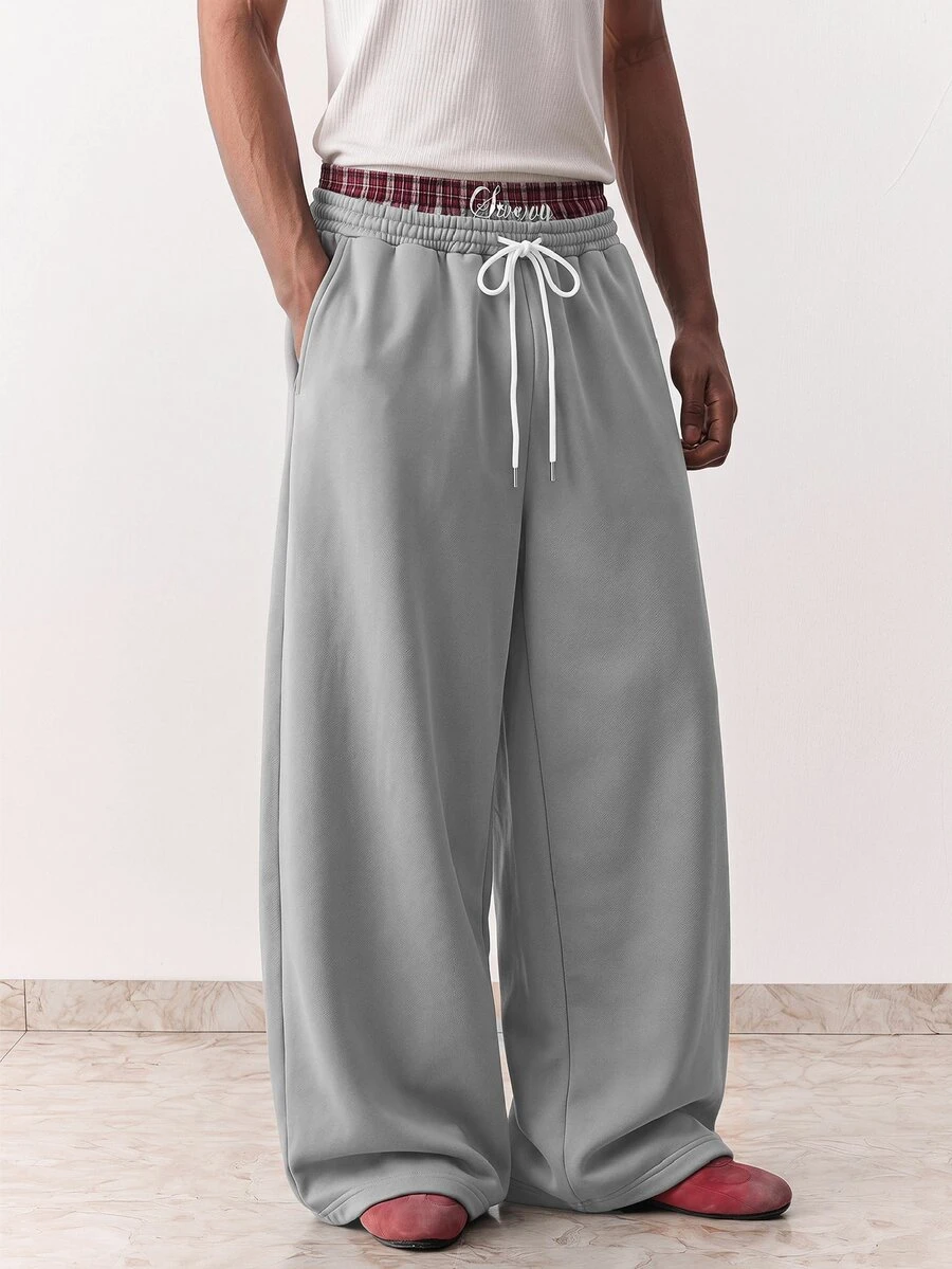 SWAVVY Men's Spring/Autumn/Summer Casual Loose Long Pants Standard Size Embroidered Black Snow Wash - Light Grey - View 1