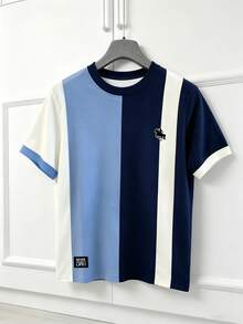 HypeHours Retro Colorblock Striped + Western Cowboy Riding Icon Men's Short Sleeve T-Shirt, Luxury Fashion Casual Striped Unisex T-Shirt, Holiday - Multicolor - View 4