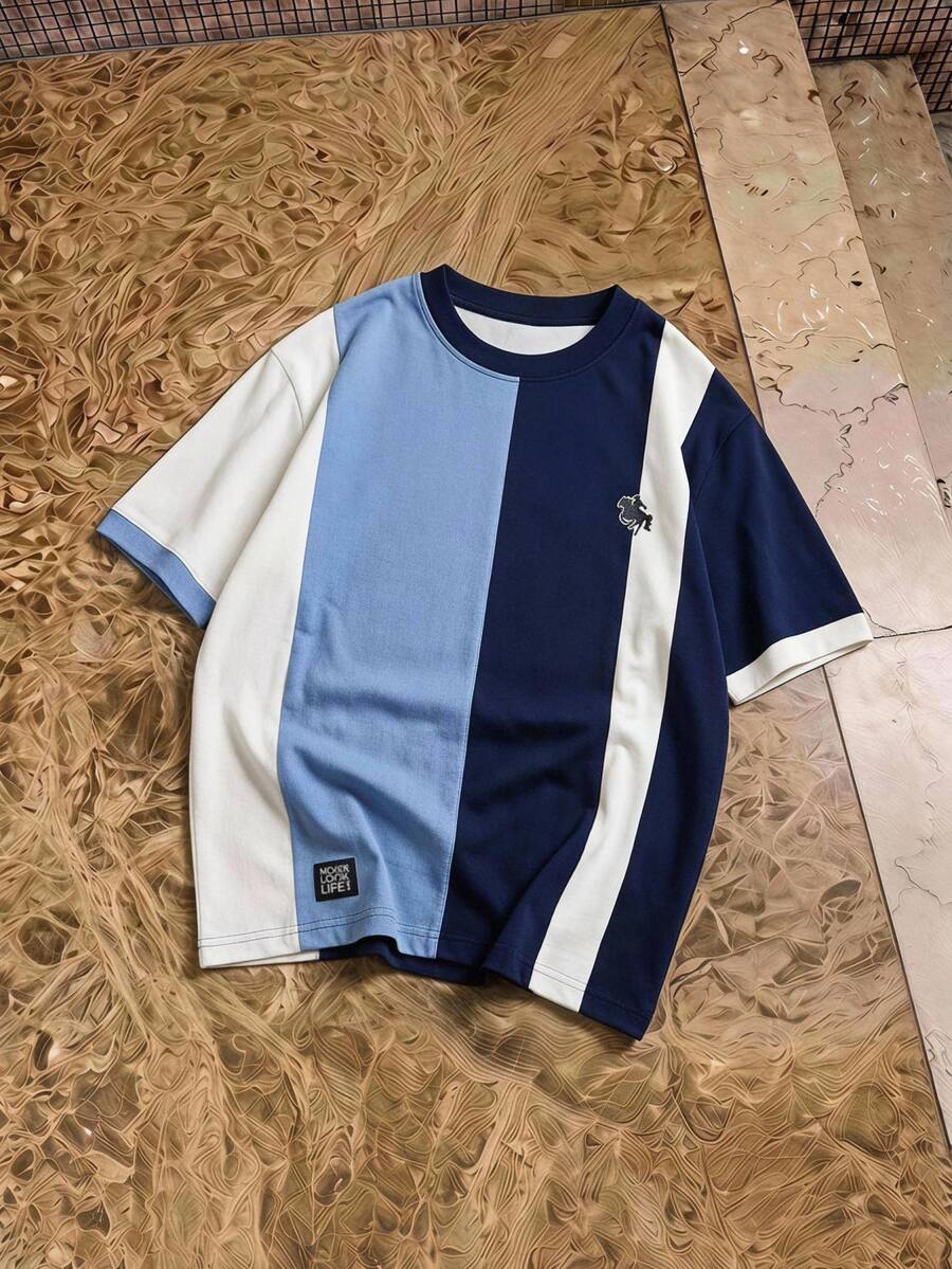HypeHours Retro Colorblock Striped + Western Cowboy Riding Icon Men's Short Sleeve T-Shirt, Luxury Fashion Casual Striped Unisex T-Shirt, Holiday - Multicolor - View 1