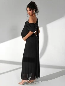 Cheriluna Maternity 優雅孕婦純色不對稱單肩孕婦攝影禮服 夏季拍照用 - 黑色 - 查看 5