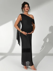 Cheriluna Maternity 優雅孕婦純色不對稱單肩孕婦攝影禮服 夏季拍照用 - 黑色 - 查看 7