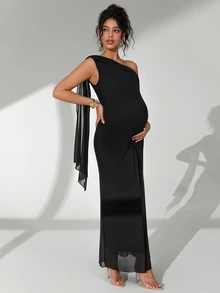 Cheriluna Maternity 優雅孕婦純色不對稱單肩孕婦攝影禮服 夏季拍照用 - 黑色 - 查看 4