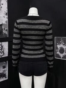Mori Grove Mori Grove 女款秋冬大廓形圓領亮面絲綢條紋拼接前衛百搭Y2K修身長袖針織毛衣 - 黑色 - 查看 2