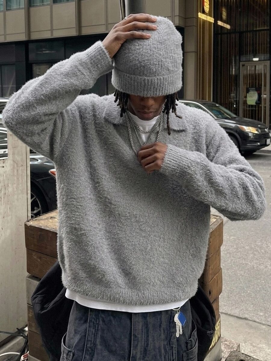 NEOSTRIT Men's Letter Pattern Distressed Design Dropped Shoulder Crew Neck Solid Color Sweater Swag Couple Matching Outfit - Dark Grey - View 1