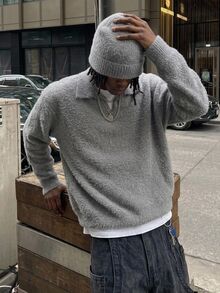 NEOSTRIT Men's Letter Pattern Distressed Design Dropped Shoulder Crew Neck Solid Color Sweater Swag Couple Matching Outfit - Dark Grey - View 3