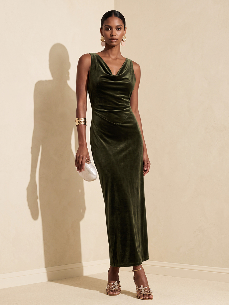 Vesra Women's Solid Color Cowl Neck Sleeveless Elegant Dress - Green - View 1
