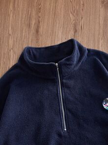 EASEVO Men's Plus Size Casual Crew Neck Pullover Sweatshirt, Solid Color With Colorblock Patchwork, Spring/Autumn/Winter - Navy Blue - View 3