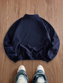 EASEVO Men's Plus Size Casual Crew Neck Pullover Sweatshirt, Solid Color With Colorblock Patchwork, Spring/Autumn/Winter - Navy Blue - View 6