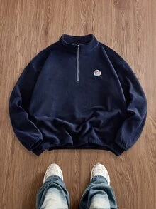 EASEVO Men's Plus Size Casual Crew Neck Pullover Sweatshirt, Solid Color With Colorblock Patchwork, Spring/Autumn/Winter - Navy Blue - View 1