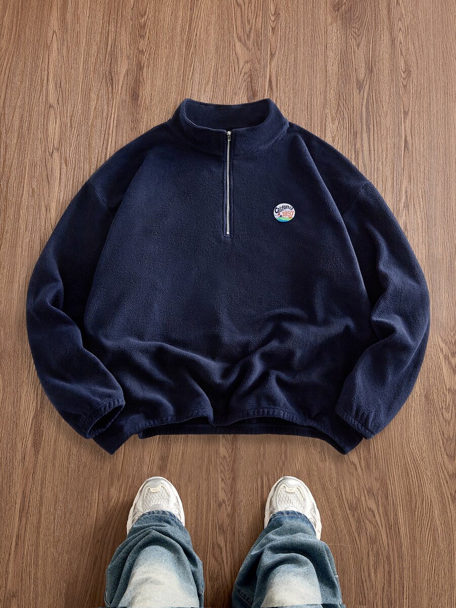 EASEVO Men's Plus Size Casual Crew Neck Pullover Sweatshirt, Solid Color With Colorblock Patchwork, Spring/Autumn/Winter - Navy Blue - View 1