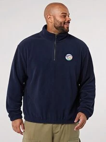 EASEVO Men's Plus Size Casual Crew Neck Pullover Sweatshirt, Solid Color With Colorblock Patchwork, Spring/Autumn/Winter - Navy Blue - View 2