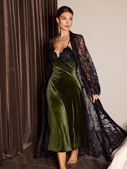 Slumberist Sexy Sheer Lace Tie-Up Long Sleeve Robe + Contrast Lace & Velvet Slip Dress 2 Pieces Set For Women Long Lingerie Dress