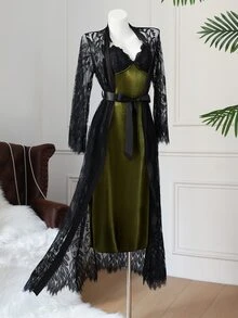 Slumberist 性感睡衣套装：女士薄纱蕾丝系带长袖睡袍 + 撞色蕾丝天鹅绒吊带裙 - 彩色 - 查看 3