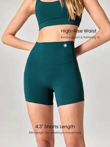 GLOWMODE 4.3" FeatherFit™ Anti-Slip Pocket Bike Shorts Non Front Seam Low Impact Cycling Running Gym Workout - Dark Green - View 4