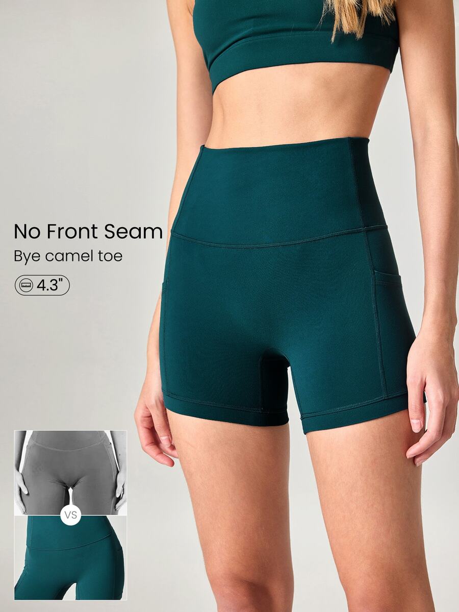 GLOWMODE 4.3" FeatherFit™ Anti-Slip Pocket Bike Shorts Non Front Seam Low Impact Cycling Running Gym Workout - Dark Green - View 1
