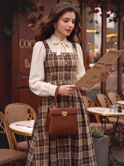 Vintamour Vintage Preppy Elegant Women's Dress With Pockets Plaid Button Strap Tank Casual Holiday Vacation Work Tea Party Day Party Brown Plaid Vintage Dress