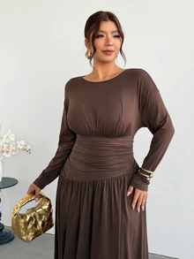 Firerie Plus Size Women's Solid Color Pleated Casual Party Dress Elegant Brown Dresss For Women Elegant Wedding Guest Party Dress For Women Fall/Winter - Coffee Brown - View 6
