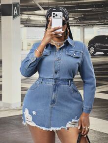 Slaydiva فستان جينز أزرق بأكمام طويلة مهترئ للنساء بمقاسات كبيرة، خريف/شتاء - أزرق متوسط - مشاهدة 1