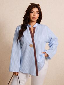 Elaquor Plus Size Women's Blue And White Long Sleeve Single Button Casual Shirt Office Formal Autumn Fall, Fall/Winter, Thanksgiving, New Year - Blue and White - View 7