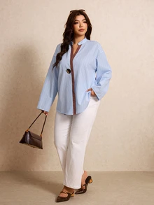 Elaquor Plus Size Women's Blue And White Long Sleeve Single Button Casual Shirt Office Formal Autumn Fall, Fall/Winter, Thanksgiving, New Year - Blue and White - View 6