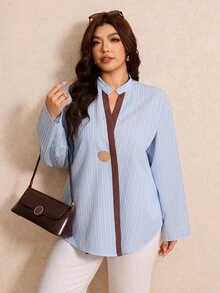 Elaquor Plus Size Women's Blue And White Long Sleeve Single Button Casual Shirt Office Formal Autumn Fall, Fall/Winter, Thanksgiving, New Year - Blue and White - View 4