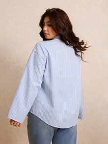 Elaquor Plus Size Women's Blue And White Long Sleeve Single Button Casual Shirt Office Formal Autumn Fall, Fall/Winter, Thanksgiving, New Year - Blue and White - View 3