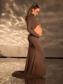 Cheriluna Maternity Maternity Solid Color Elegant Maternity Sexy Maternity Long Sleeve Hollow Fish Tail Hem Dress For Photography Photoshoot Summer Photoshoot - Brown - View 6