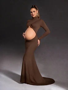 Cheriluna Maternity Maternity Solid Color Elegant Maternity Sexy Maternity Long Sleeve Hollow Fish Tail Hem Dress For Photography Photoshoot Summer Photoshoot - Brown - View 1
