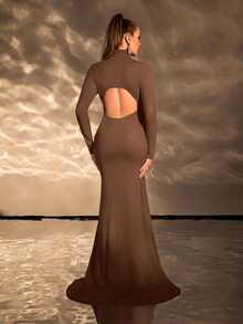 Cheriluna Maternity Maternity Solid Color Elegant Maternity Sexy Maternity Long Sleeve Hollow Fish Tail Hem Dress For Photography Photoshoot Summer Photoshoot - Brown - View 3