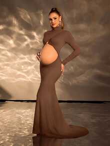 Cheriluna Maternity Maternity Solid Color Elegant Maternity Sexy Maternity Long Sleeve Hollow Fish Tail Hem Dress For Photography Photoshoot Summer Photoshoot - Brown - View 2
