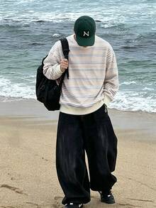 ZURIURI 男士圓領運動衫，雙色條紋印花圖案設計，休閒穿著，戶外，通勤，秋季 - 彩色 - 查看 3